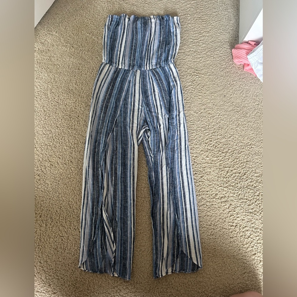 DREW Blue and White Striped Jumpsuit with Relaxed Silhouette